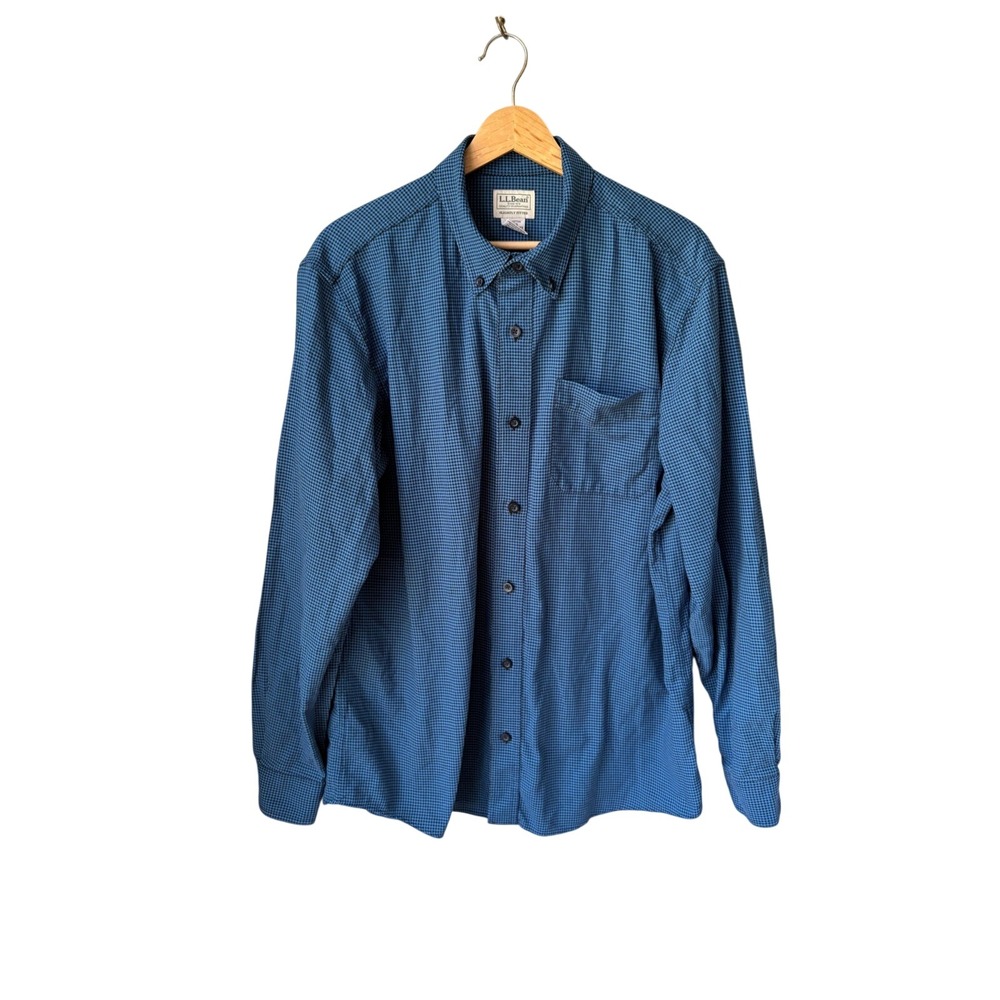 Vintage L.L Bean Mens Blue Houndstooth Cotton Button Down Shirt Fitted large